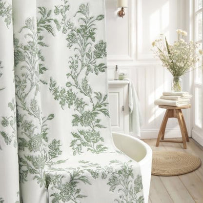 Sage Green Floral Shower Curtain,Jacquard Weave Vintage Cotton Cottagecore Shower Curtains for Bathroom, 72" W x 72" L