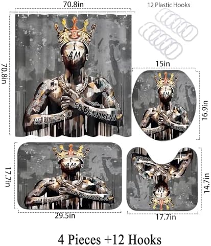 Black King Shower Curtain Set with Hooks, Powerful African American Praying Man Shower Curtains with Rugs Toilet Lid Cover Bath Mat, Cool Black Man Waterproof Bathroom Decor Shower Curtain Sets