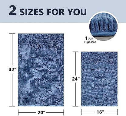 BOANKODU Bathroom Rugs Sets 2 Piece, Extra Soft Chenille Bath Mat Absorbent Bathroom Rug, Bathroom Mat with PVC Non-Slip Bottom, Machine Washable Bath Rugs (32x20 Inch + 24x16 Inch, Deep Blue)