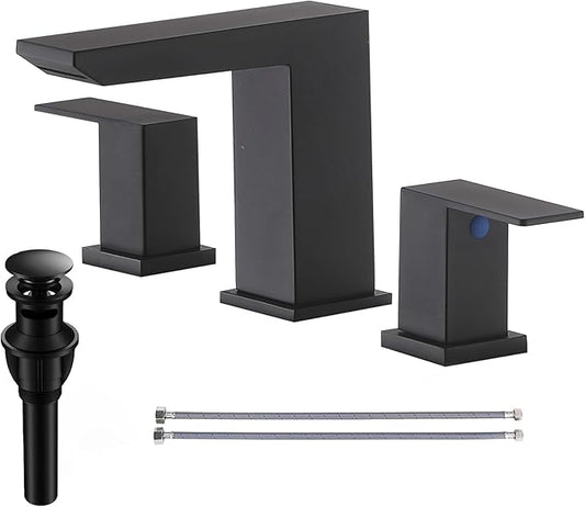 VCCUCINE Black Waterfall Bathroom Faucet 8 Inch Widespread Bathroom Sink Faucet 3 Hole,Modern Matte Black Vanity Bathroom Faucets for Sink with Pop Up Drain and Supply Lines