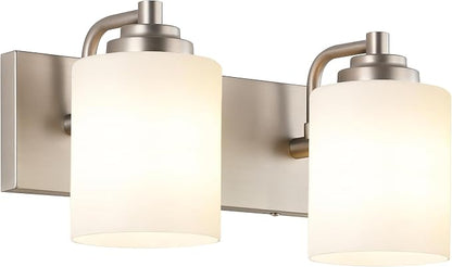 SOLFART Brushed Nickel 2 Light Vanity Lights for Bathroom, Milky Glass Shade Vintage Wall Sconce, Modern Bathroom Light Fixture Over Mirror, Easy to Install High-End Vanity Light (Bulbs Not Included)