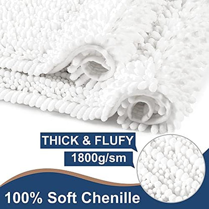 Luxury Chenille White Bathroom Rugs Sets 2 Piece, Thickened Hot Melt Rubber Bottom Bath Mats for Bathroom Non Slip,Bath Rugs Quick Dry Machine Washable for Shower Mat (47"x17"+17"x24")