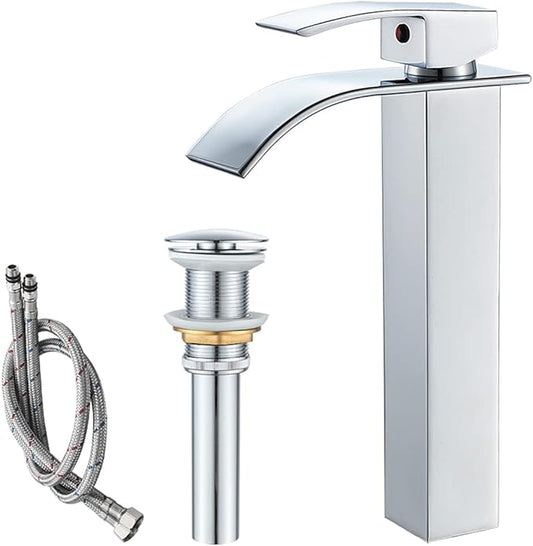 VOTON Vessel Sink Faucet Chrome Modern Tall Waterfall Bathroom Sink Faucet with Pop-Up Drain Single Handle Bathroom Faucet 1 Hole Bowl Lavatory Vanity Faucet, Rv Sink Camper Farmhouse Bathroom Faucet