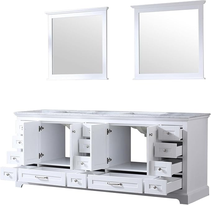 Dukes 84 in. W x 22 in. D White Double Bath Vanity, Carrara Marble Top, and 34 in. Mirrors LD342284DADSM34