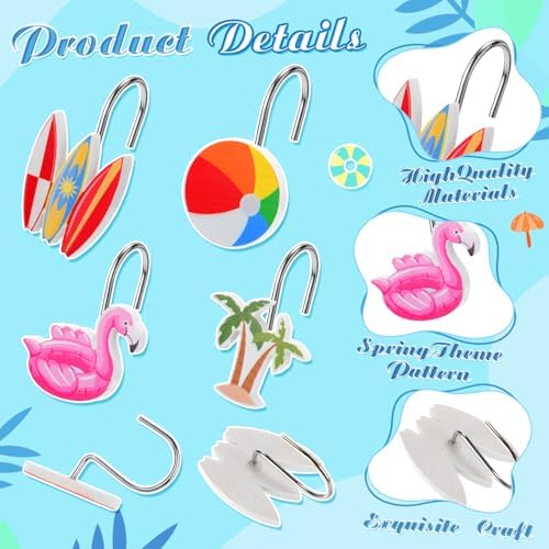 Thyle 12 Pcs Summer Shower Curtain Hooks, Summer Party Resin Ornament Rings Beach Theme Shower Curtain Hooks for Bathroom Bedroom Accessories