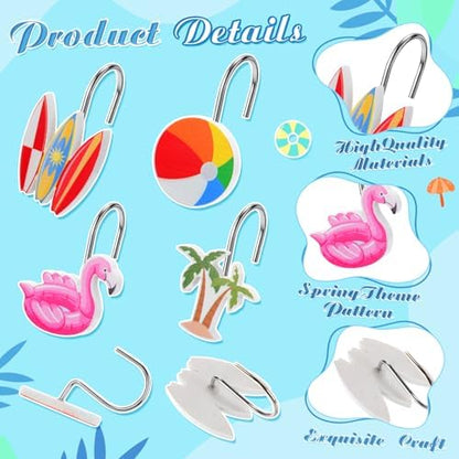 Thyle 12 Pcs Summer Shower Curtain Hooks, Summer Party Resin Ornament Rings Beach Theme Shower Curtain Hooks for Bathroom Bedroom Accessories