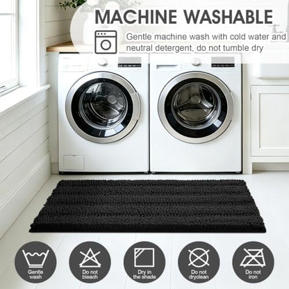 ACCUMTEK Striped Black Bathroom Rug Mat Set 2 piece 32"x20"+60"x20" Ultra Soft, Non Slip Chenille Bath Rugs, Absorbent Plush Shaggy Bath Mats for Bathroom, Bedroom, Kitchen, Shower, Tub