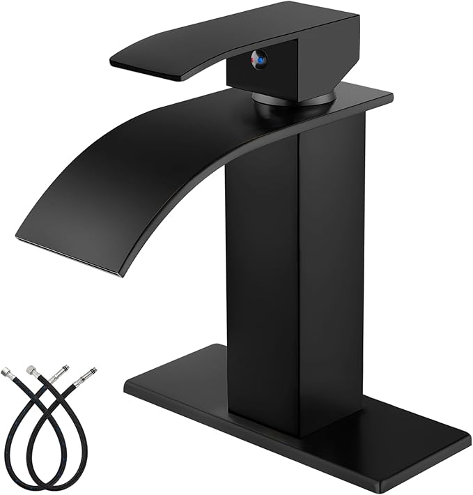 Midanya Waterfall Spout Bathroom Faucet Single Handle 1 Hole Bathroom Sink Faucet,Modern RV Lavatory Vanity Basin Tap with Water Hose,No Drain,Short Body,Matte Black