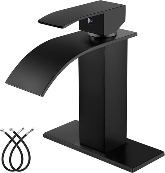 Midanya Waterfall Spout Bathroom Faucet Single Handle 1 Hole Bathroom Sink Faucet,Modern RV Lavatory Vanity Basin Tap with Water Hose,No Drain,Short Body,Matte Black