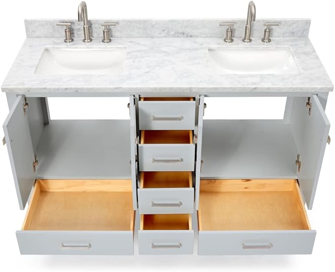 ARIEL Cambridge 60-inch Bathroom Vanity with Sink,Solid Wood, 0.75-inch Italian Carrara Marble Countertop, Double Rectangular Porcelain Sink, 4 Soft Closing Doors, 6 Dovetail Drawers, Grey