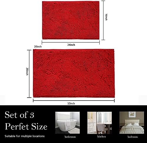 Bathroom Rugs Chenille Bath mat 2 Piece Set, Super Absorbent, Strong PVC Non Slip Backing, Bath mats for Bathroom, Plush Shaggy, Thick, Machine Washable, Bathtub, Toilet.(Red)
