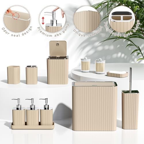 Bathroom Accessory Set - Bathroom Set, 27PC Bathroom Accessories Set, Beige Bathroom Sets with Shower Curtain and Rugs, Mini Trash Can, Toilet Brush, Trash Can & Soap Dispenser