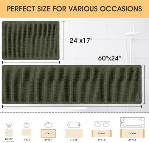 IM HOME Waffle Bath Mat Set Dark Green 2 Piece,Woven Modern Bath Rug Mats, Absorbent Non Slip Bath Floor Mat, Soft Washable Boho Bath Rugs with Tassels for Bathroom, Bedroom, Kitchen,Tub
