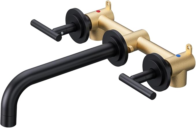 WOWOW Matte Black Bathroom Faucet, 2 Handle Wall Mount Bathroom Faucet and Rough-in Brass Valve Included, Vessel Sink Faucet Wall Mounted 3 Holes Elegant Classic Spout
