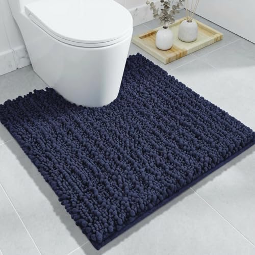 Disolla Toilet Rug 24x24 Inch - Navy Blue U-Shaped Bathroom Floor Mat, Soft Shaggy Plush Absorbent Chenille Contour Rug, Non-Slip Washable Pedestal Base Rug