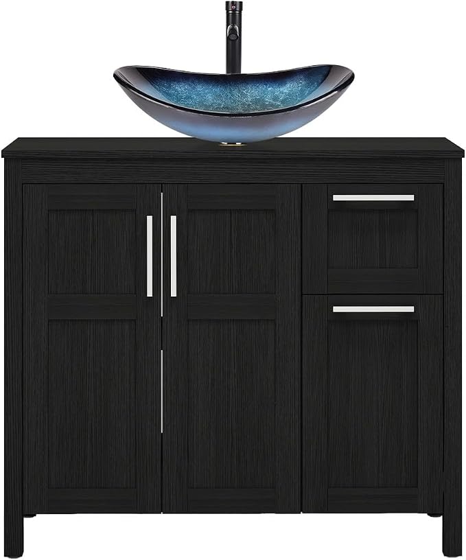 YOURLITE 36" Bathroom Vanity with Sink, Black Bathroom Vanity and Sink Combo with Faucet & Pop Up Drain Set,Traditional Vanity with Dark Green Glass Bowl Bathroom Sink