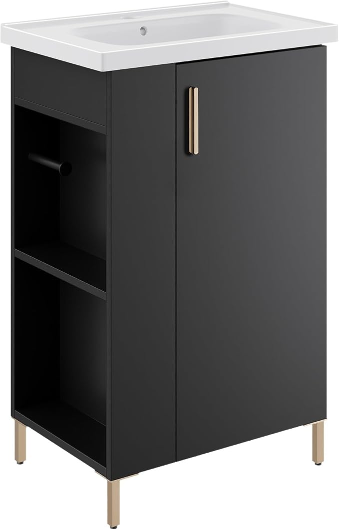 20 Inch Black Freestanding Bathroom Vanity, Pre-Assembled Bathroom Cabinet with Ceramic Sink, Soft-Close Door, Left Side Storage, Fit for Small Bathrooms, No Faucet, BV05-20-PUREBLACK-PLUS