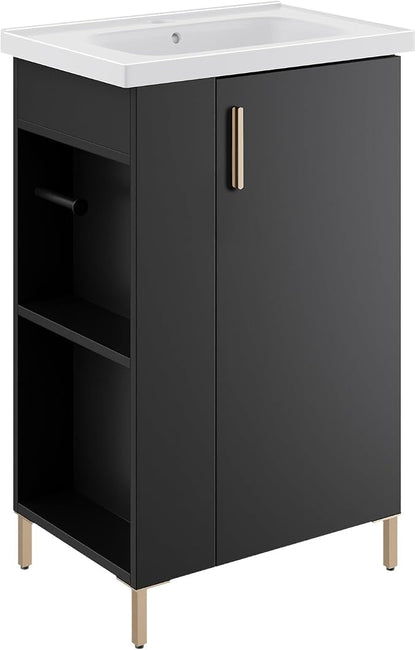 20 Inch Black Freestanding Bathroom Vanity, Pre-Assembled Bathroom Cabinet with Ceramic Sink, Soft-Close Door, Left Side Storage, Fit for Small Bathrooms, No Faucet, BV05-20-PUREBLACK-PLUS