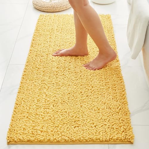 Bathroom Rugs Non Slip Washable 70x24, Extra Thick Soft Chenille Absorbent Bath Mat, High Density Barrier Non Slip Backing, Quick Dry Plush Shaggy Floor Carpet for Tub&Shower, Yellow