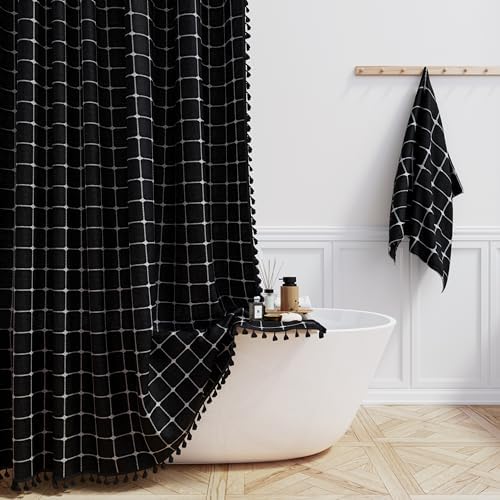 BTTN Stall Boho Farmhouse Linen Shower Curtain Set, 36x72, Black and White