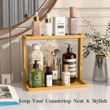 PEKER Bamboo Bathroom Organizer Countertop – Small Vanity Storage Shelf for Makeup, Perfume, Skincare – Natural Cosmetics Display Rack for Dresser, Sink, Kitchen – Natural