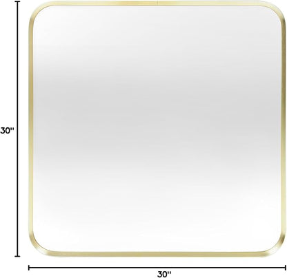 Gold Bathroom Mirror 30x30in, Metal Framed Rounded Rectangle Wall | Tempered Glass, Anti-Rust Frame, Hangs Horizontal or Vertical, HD Reflection Clarity