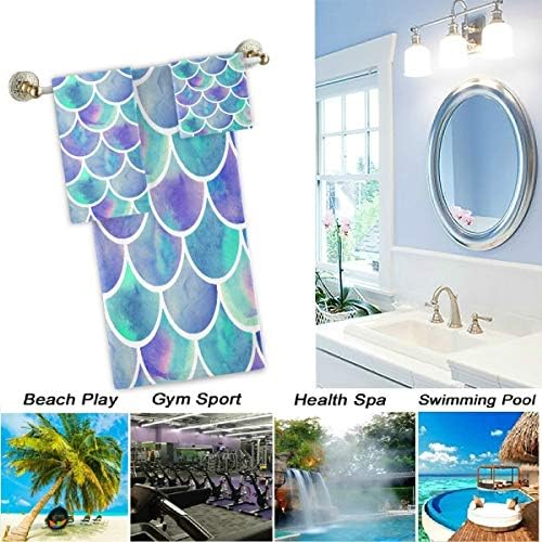 Naanle Chic Watercolor Rainbow Scales of Mermaid Soft Luxury Decorative 3 Pieces Set Towels, 1 Bath Towel+1 Hand Towel+1 Washcloth, Multipurpose for Bathroom, Hotel, Gym, Spa and Beach