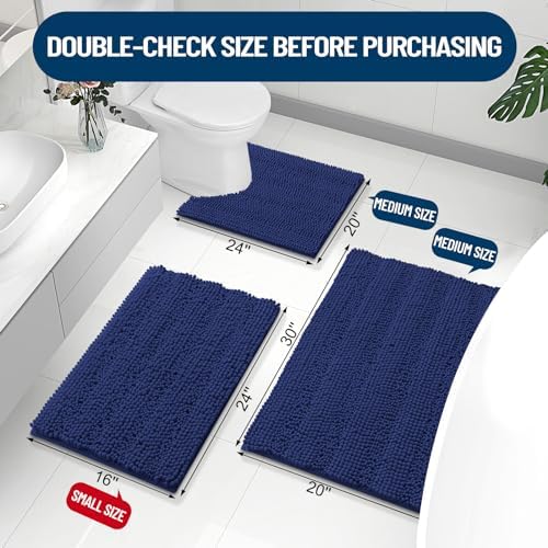 Grandaily Chenille Striped Bathroom Rugs 24x16, Extra Thick and Absorbent Bath Mats, Non-Slip Soft Plush Shaggy Shower Carpet, Machine Wash Dry, Bath Rug for Bathroom, (Small, Navy)