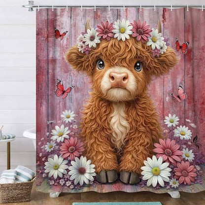 Cute Cow Shower Curtain, Farmhouse Rustic Pink Floral Daisy Highland Cow Shower Curtains for Bathroom, Calf Country Farm Animal Garden Plant Fabric Bathroom Decor with Hooks, 60x72 inch