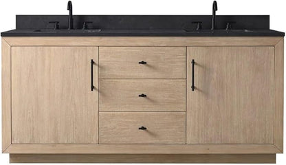 Vanity Art 72 inch Double Sink Bathroom Vanity, Vanity Cabinet with Doors and Shelf, Modern Wood Bathroom Vanity with White Marble Top, Solid Wood Frame, 3 Functioning Drawers,VA70-72-DLW-B