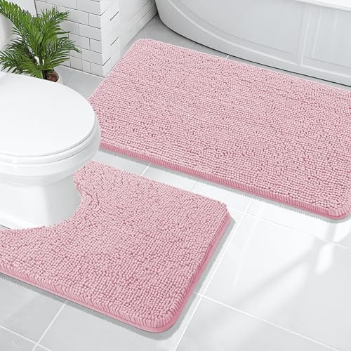 OLANLY Chenille Bathroom Rugs Mats Set 2 Piece, 47"x20"+24"x20", Dusty Rose