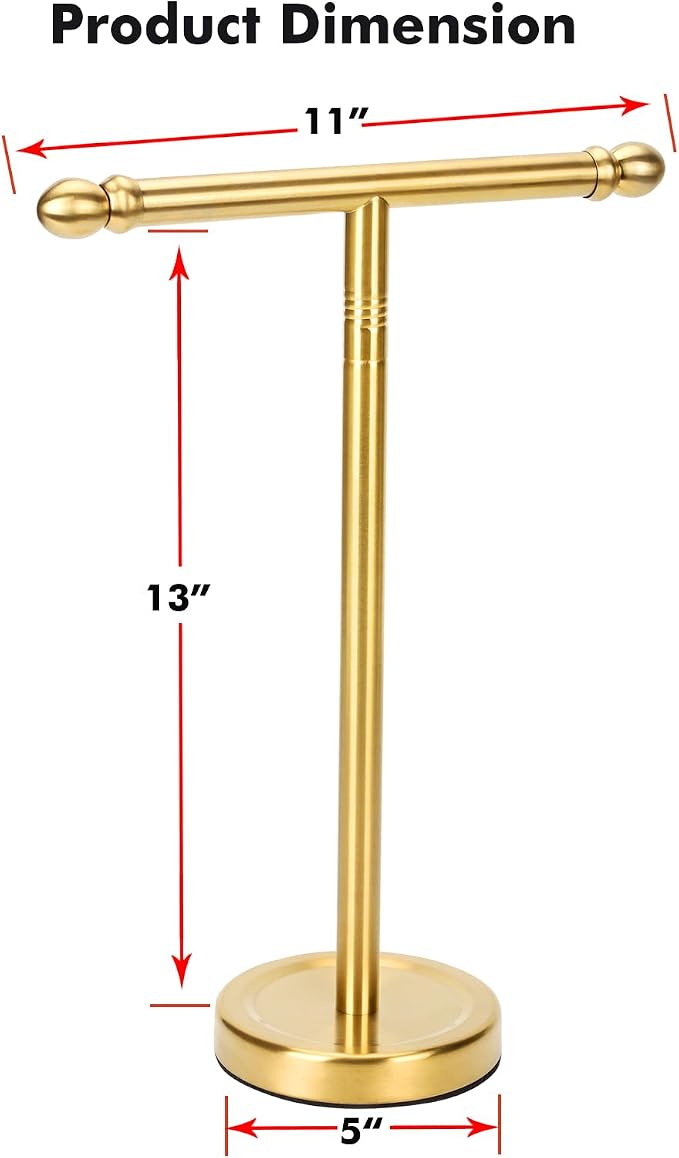 Hand Towel Holder Gold, T-Shape Hand Towel Stand for Bathroom, Stand Hand Towel Rack Free-Standing Towel Bar for Bathroom Kitchen Countertop, Stainless Steel