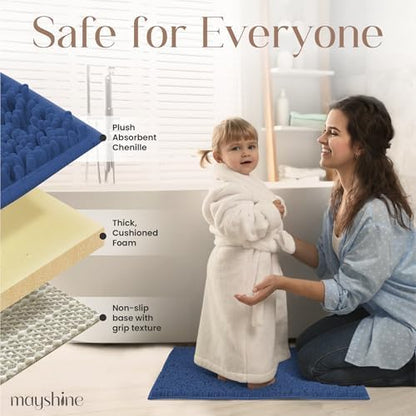 MAYSHINE SmallPlush Shaggy Chenille Bath Mat 24"x17" Extra Soft, Super Absorbent, Non-Slip Bathroom Rug | Fluffy Microfiber, Area Rug Sets for Bathroom Floor, Kitchen, Living Room | Dark Blue
