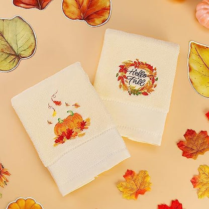 Quera 2 Pack Fall Hand Towels Autumn Pumpkin Thanksgiving Embroidered Premium Luxury Decor Hello Fall Bathroom Decorative Dish Set for Drying Cleaning, Cooking 13.7 "x 29.5"