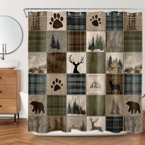 Rustic Cabin Forest Shower Curtain for Bathroom, Wild Animal Bear and Deer Brown Vintage Plaid Patchwork Shower Curtain Set Country Bathroom Decor Accessories with Hooks, 72W X 72L inches