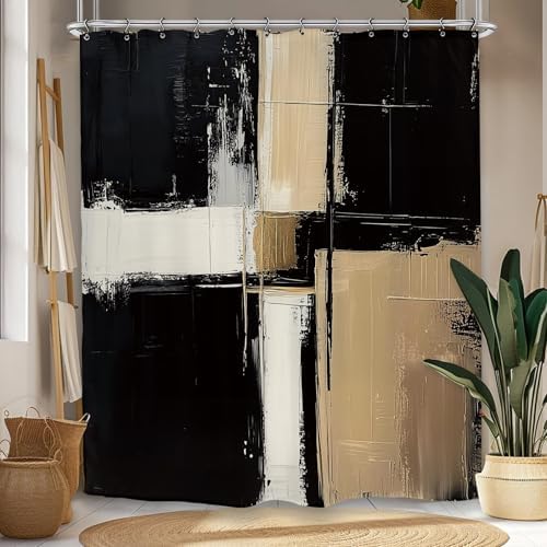 Abstract Modern Neutral Shower Curtain 60Wx72L Inch Black Tan Minimalist Contemporary Art Brush Stroke Painting Bathroom Set Accessories Decor with 12 Pack Hooks