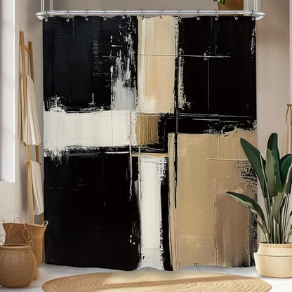 Abstract Modern Neutral Shower Curtain 60Wx72L Inch Black Tan Minimalist Contemporary Art Brush Stroke Painting Bathroom Set Accessories Decor with 12 Pack Hooks