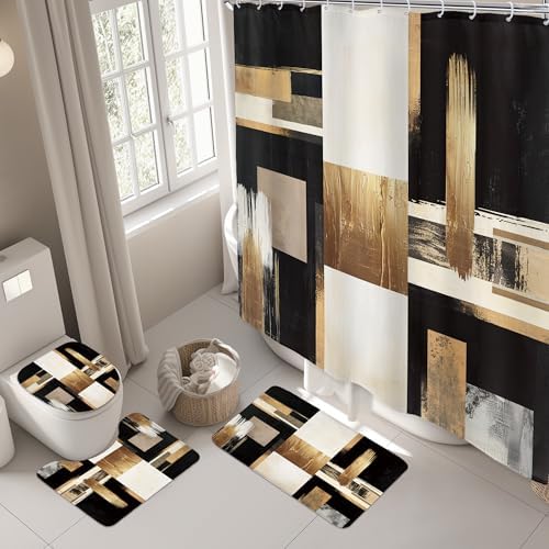 Black Gold Abstract Modern Oil 4Pcs Bathroom Shower Curtain Set with Rugs