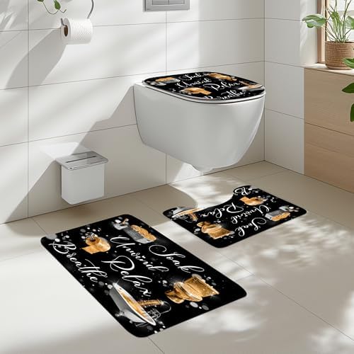 Gold Black Golden Funny Quotes 4Pcs Bathroom Shower Curtain Set with Rugs
