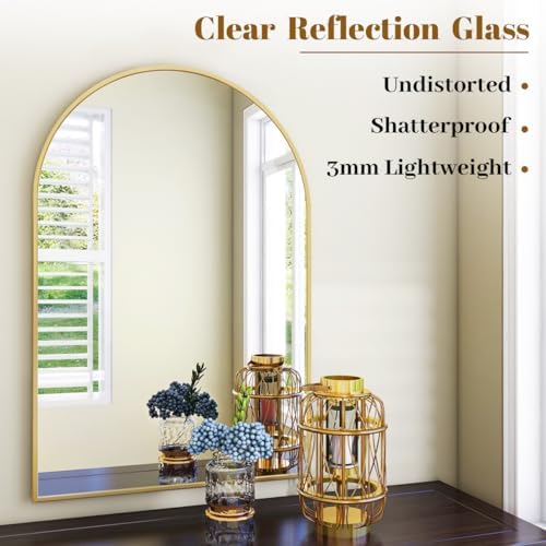 VooBang Arched Wall Mirror, 26 x 41 inch Arch Bathroom Mirror, Wall Mounted Vanity Mirror with Arch Metal Frame, Modern Bathroom Vanity Mirror for Bedroom, Living Room, Hanging or Leaning, Gold