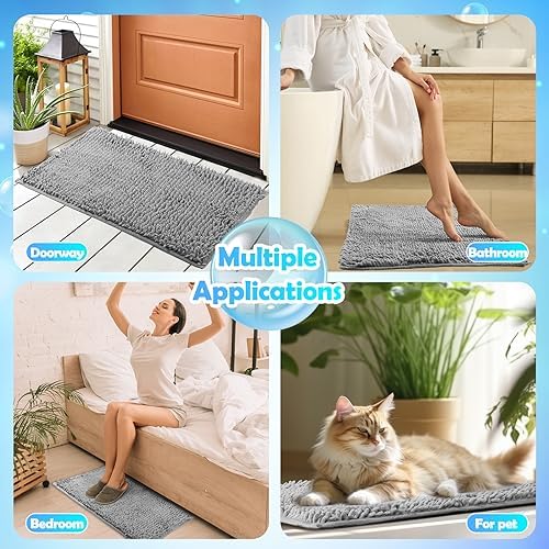 Drydiet 6 Pcs Chenille Bathroom Rugs Non Slip Bath Mats Set, Grey