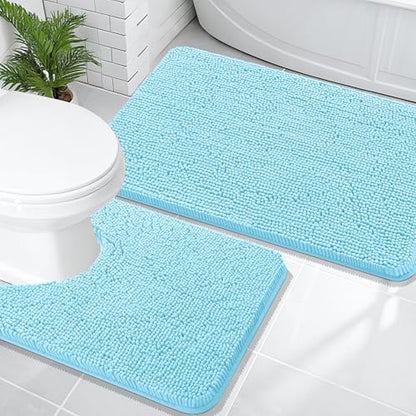 OLANLY Chenille Bathroom Rugs Mats Sets 2 Piece, 36"x24"+24"x20", Sky Blue