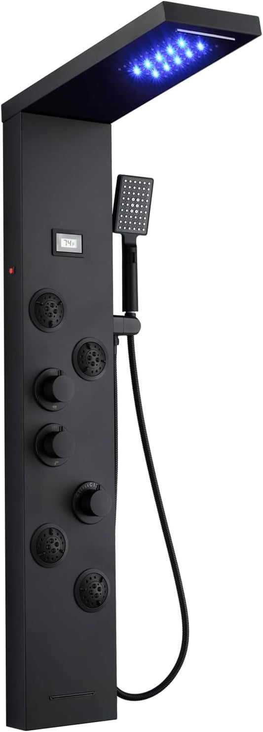 5-in-1 LED Shower Panel Tower System Matte Black Stainless Steel | Rainfall + waterfall | 4 body jets | Handheld shower | LED lights | Wall mount