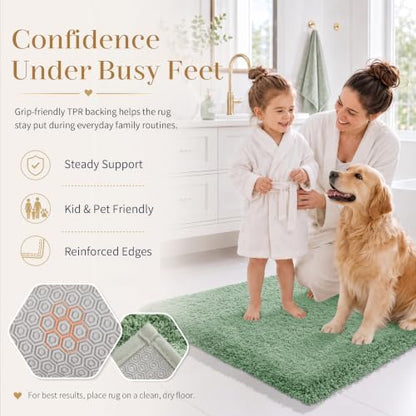 Yimobra Fluffy Plush Bath Rug, Super Shaggy Soft Comfortable Non Slip, Water Absorbent Microfiber Bath Mat, Dries Quickly, Machine Washable Thick Bathroom Rugs for Shower, 56" X 24", Pure Light Green
