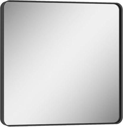 Keonjinn 30 x 30 Inch Black Bathroom Mirrors for Over Sink, Tempered Glass | Sandblasted Finish, Matte Black Vanity Mirror, Anti-Rust, Seamless Aluminum Frame, Rounded Rectangle, French Cleat Mount
