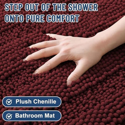 Grandaily Chenille Striped Bathroom Rugs 24x16, Extra Thick and Soft Absorbent Bath Mats, Rubber Backing, Plush Shaggy Shower Carpet, Machine Wash Dry, Bath Rug for Bathroom, Reddish Brown