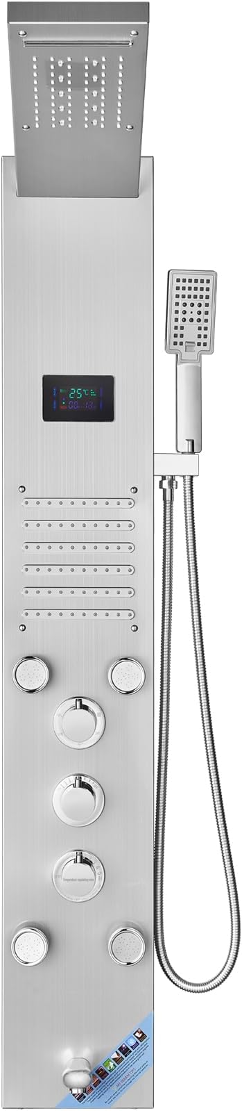 VEVOR Shower Panel Tower System, 6 Shower Modes, LED & Screen Hydroelectricity Shower Panel, Rainfall, Waterfall, 5 Massage Jets, Tub Spout, Handheld Shower, Stainless Steel Wall-Mounted Shower Set