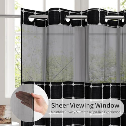 No Hooks Required Farmhouse Shower Curtain with Snap-in Liner - with Window & Magnets, Boho Cotton Linen Fabric Shower Curtains with Tassels for Rustic Bathroom Decor, Black and White, 72 x 74
