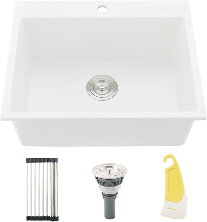 25 Inch White Drop In Kitchen Sink | 25x22 Drop In Kitchen Sink Quartz Granite Composite Single Bowl Outdoor Top Mount Basin with Small Rubber Squeegee