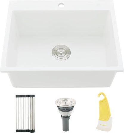 24 Inch White Drop in Bar Sink Quartz | 24x19 Inch Granite Composite Quartz Outdoor Rv Topmount Sink Single Bowl Wet Bar Sink with Small Rubber Squeegee